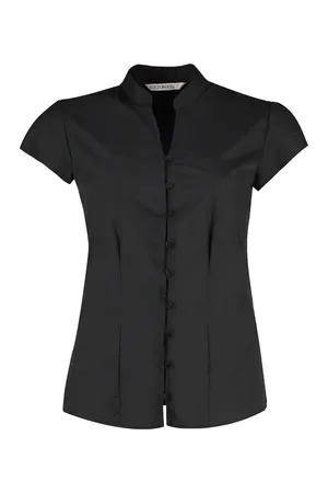 Tailored Fit Mandarin Collar Poplin Blouse Cap Sleeve Black