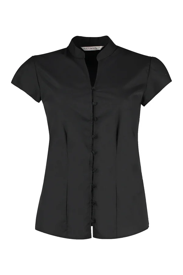 Tailored Fit Mandarin Collar Poplin Blouse Cap Sleeve Black