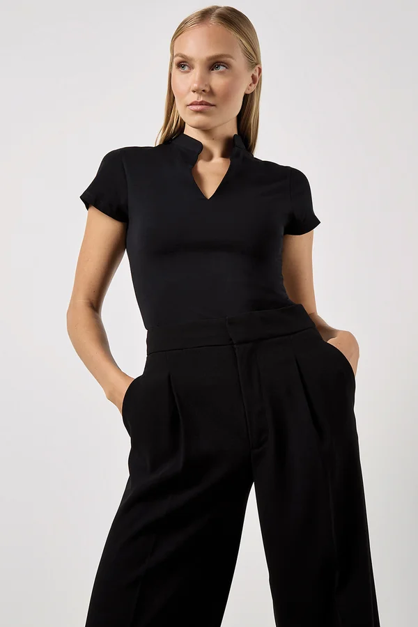 Women`s Regular Fit Mandarin Collar Top Black