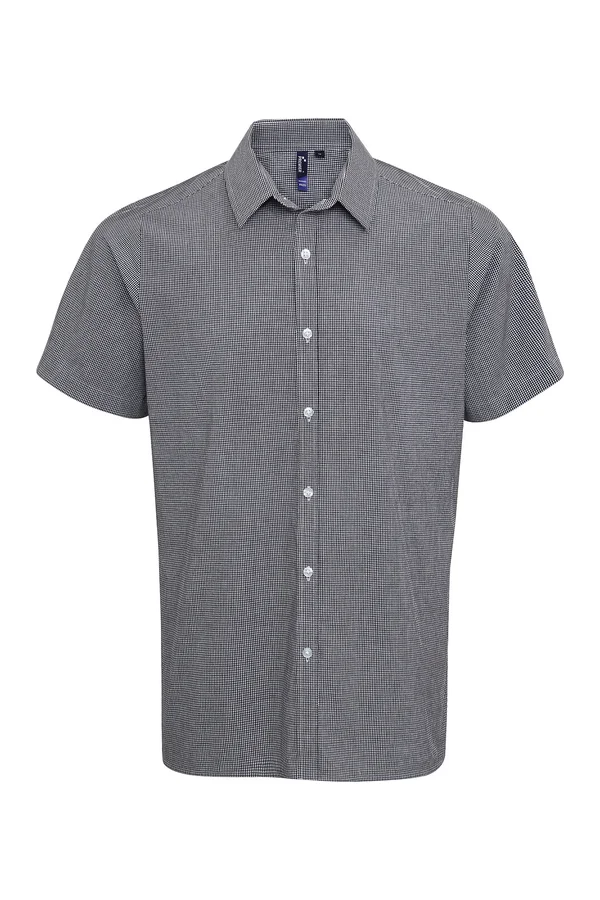 Men´s Microcheck (Gingham) Short Sleeve Cotton Shirt Black (ca. Pantone Black C) / White