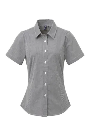 Women´s Microcheck (Gingham) Short Sleeve Cotton Shirt Black (ca. Pantone Black C) / White