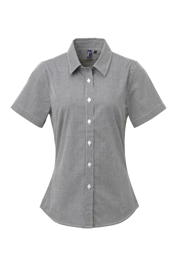 Women´s Microcheck (Gingham) Short Sleeve Cotton Shirt Black (ca. Pantone Black C) / White