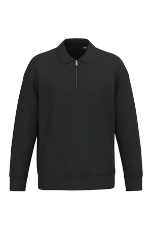 Umweltfreundliches Unisex-Sweatshirt mit Reißverschluss, Polokragen und überschnittenen Schultern Black