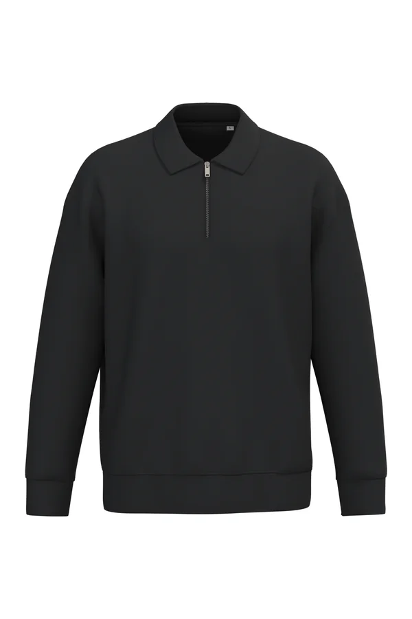 Umweltfreundliches Unisex-Sweatshirt mit Reißverschluss, Polokragen und überschnittenen Schultern Black