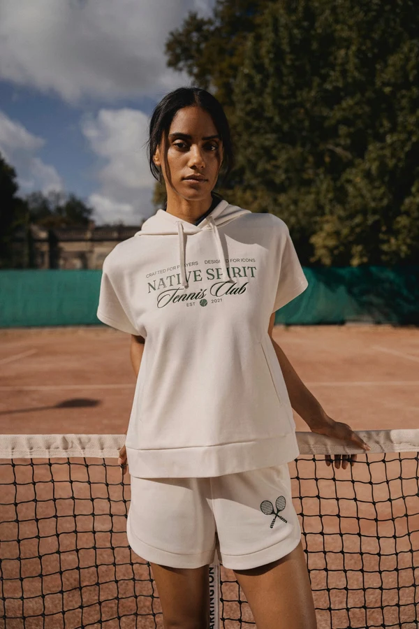 Umweltfreundliches Damen-Sweatshirt mit Kapuze, ärmellos und weit aus French Terry