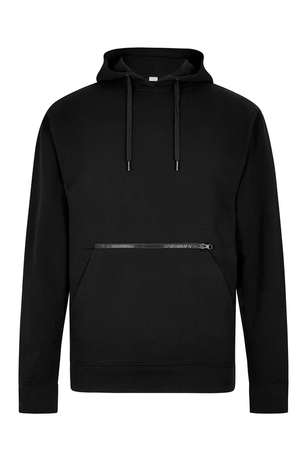Regular Fit Pique Hoodie with Zipped Pocket Black