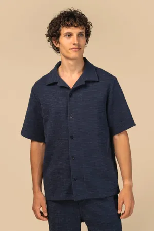 Strukturierte Kurzarm-Herrenhemd Navy Blue