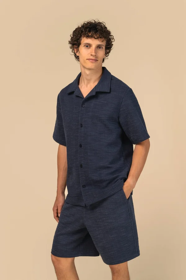 Strukturierte Kurzarm-Herrenhemd Navy Blue