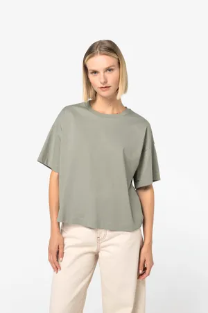 Umweltfreundliches Boxy-T-Shirt mit überschnittener Schulterpartie für Damen Almond Green